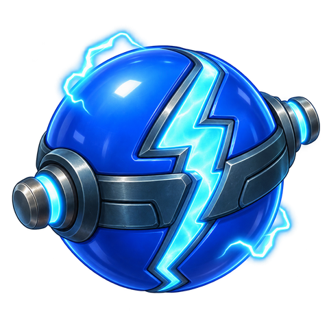 The Charge ball: deep blue with a metal band, electrode caps and a glowing bolt.
