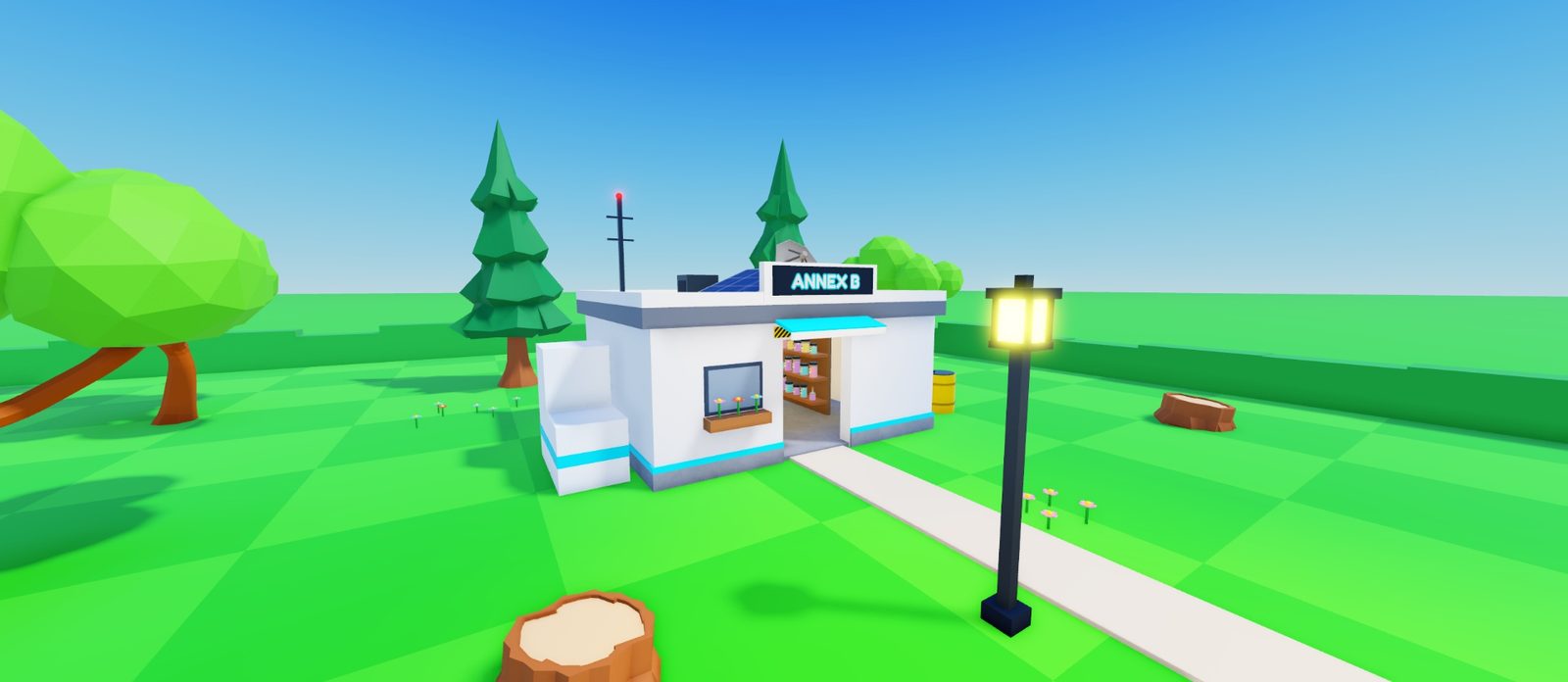 Annex B: a small white lab shed with a cyan stripe, a cyan awning over its open door, shelves of jars inside, a window box of flowers, a solar panel and an antenna with a red light on the roof, and a lamp beside the stone path.