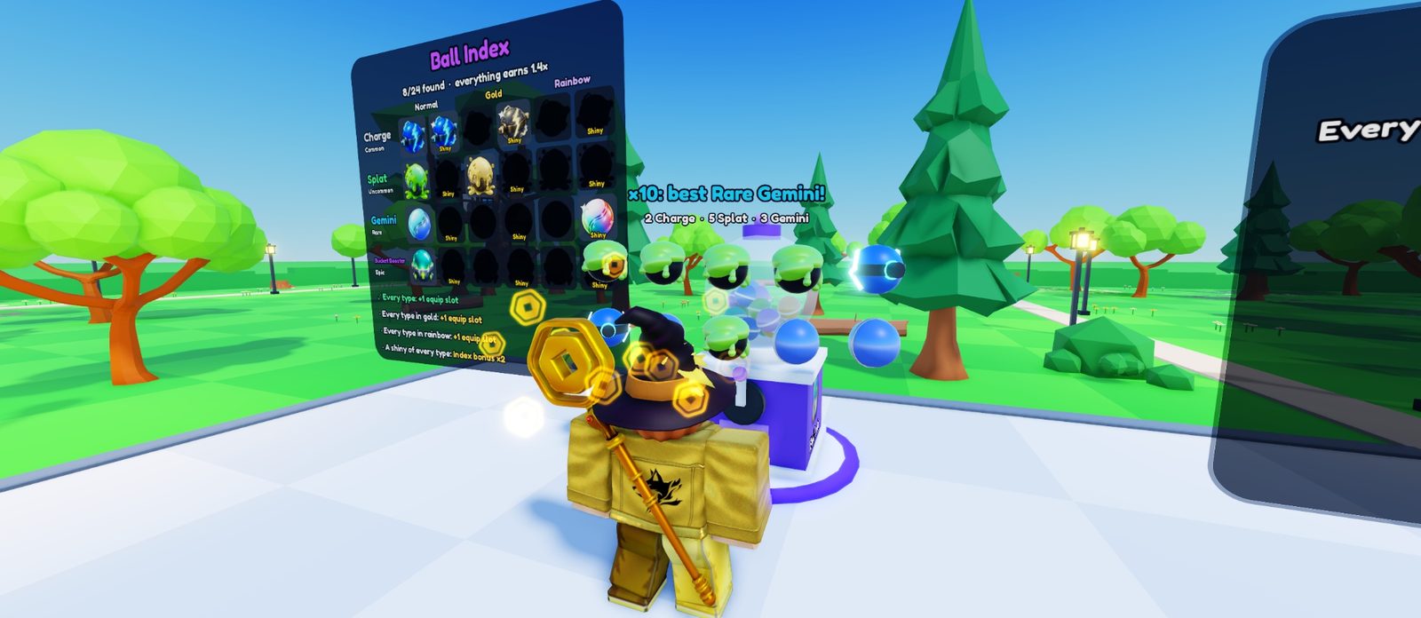 A roll of ten at the Ball Lab: ten special balls float in rows in front of the gumball machine under the words x10: best Rare Gemini, 2 Charge, 5 Splat, 3 Gemini, with the Ball Index panel to the left.