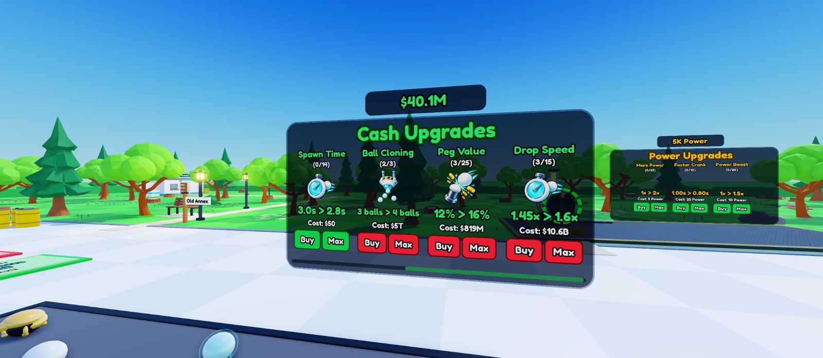 The see-through Cash Upgrades board with four cards: Spawn Time, Ball Cloning, Peg Value and Drop Speed, each with an icon, its next value, a cost and Buy and Max buttons.