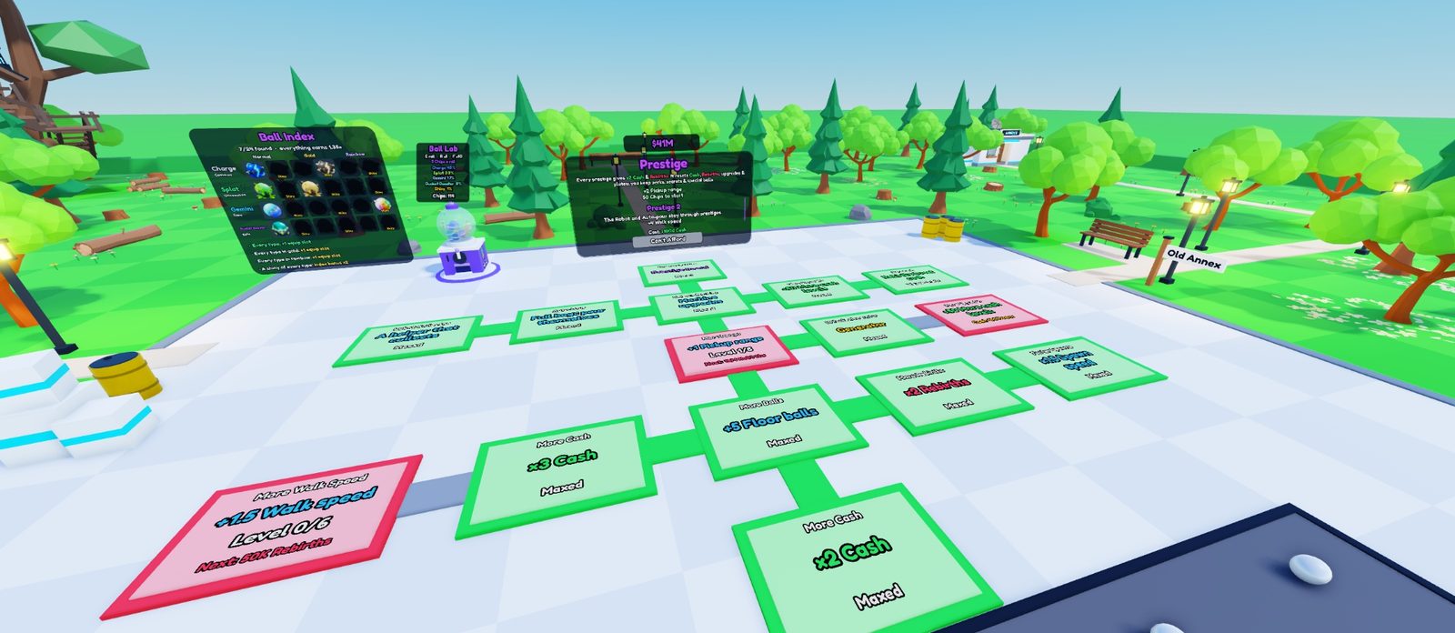 The floor tree: pale plates on green, yellow and red rims spread across the plaza floor, joined by green link bars, with labels such as x2 Cash, x3 Cash, +5 Floor balls and More Walk Speed Level 0 of 6, and the Prestige board and Ball Lab beyond.