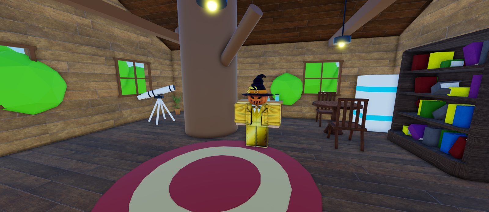 Inside the treehouse: a wooden room with a round red rug, a telescope, a table and chairs, a bookshelf of colourful books and a tree trunk growing up through the floor, where the Founder stands in a gold suit and pumpkin-head witch hat.