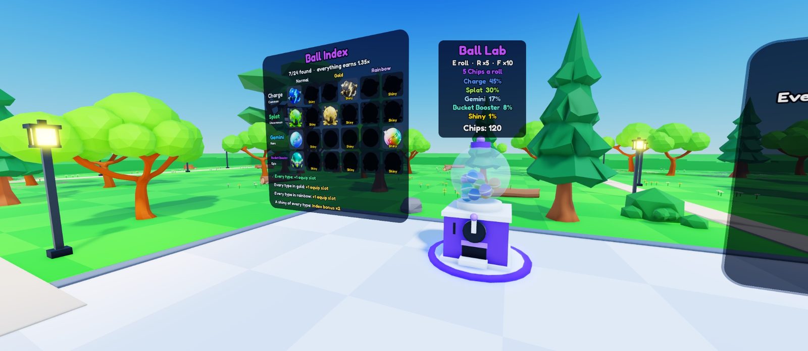 The Ball Index panel: rows for Charge, Splat, Gemini and Bucket Booster, columns for normal, gold and rainbow with shiny versions, found balls shown in colour and the rest as dark silhouettes, and the four sets listed underneath.