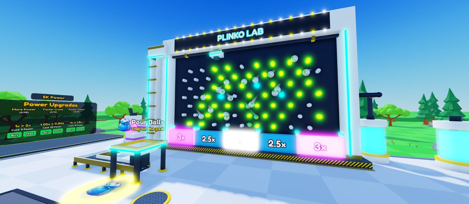 The Plinko Lab machine: a white cabinet with cyan neon and a light-bulb marquee reading PLINKO LAB, its dark pegboard lit up green where balls are bouncing, five coloured buckets marked 3×, 2.5×, 1×, 2.5× and 3×, and the pour pad and hopper on the left.