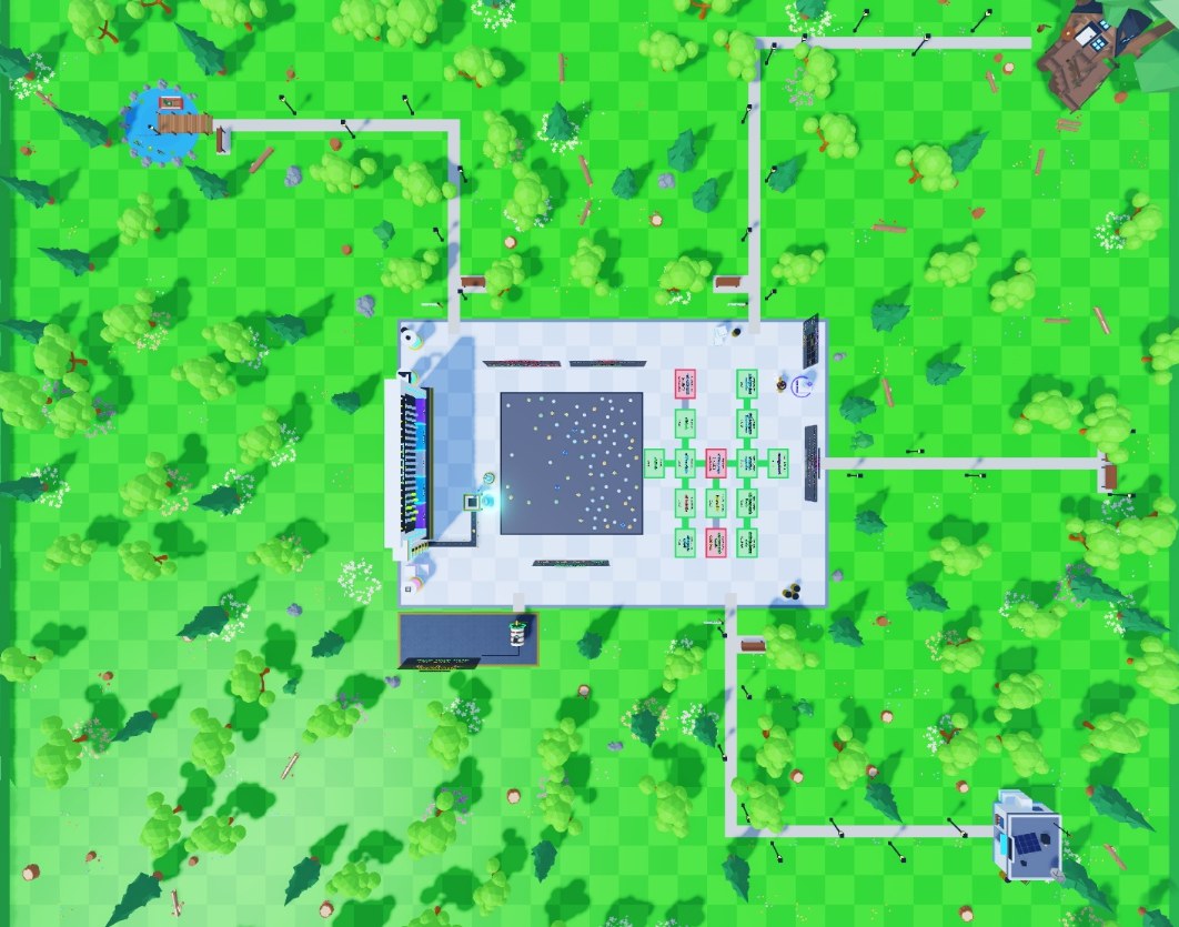 Top-down map of the whole yard. The tiled plaza is in the middle with the machine on its left edge, the plot and the floor tree's plates across it, and the generator's platform below. Stone paths lead to a pond at the top left, a treehouse at the top right, a lookout on the right and the old annex at the bottom right.