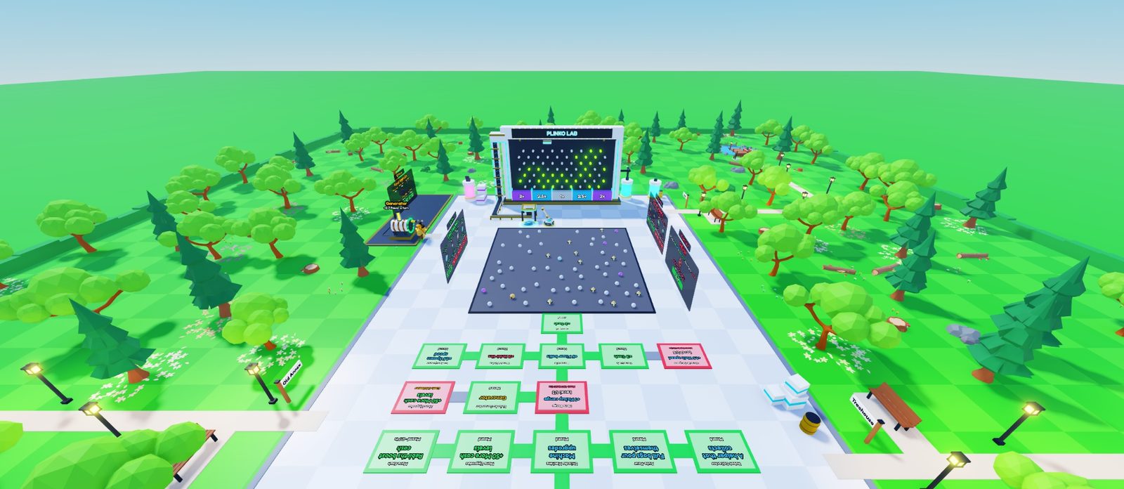 The whole lab from above the floor tree: the Plinko Lab machine at the far end, the plot in front of it with upgrade boards on both sides, the floor tree's green and red plates in the foreground, and the generator on its platform off to the left, all inside a grass yard full of trees.
