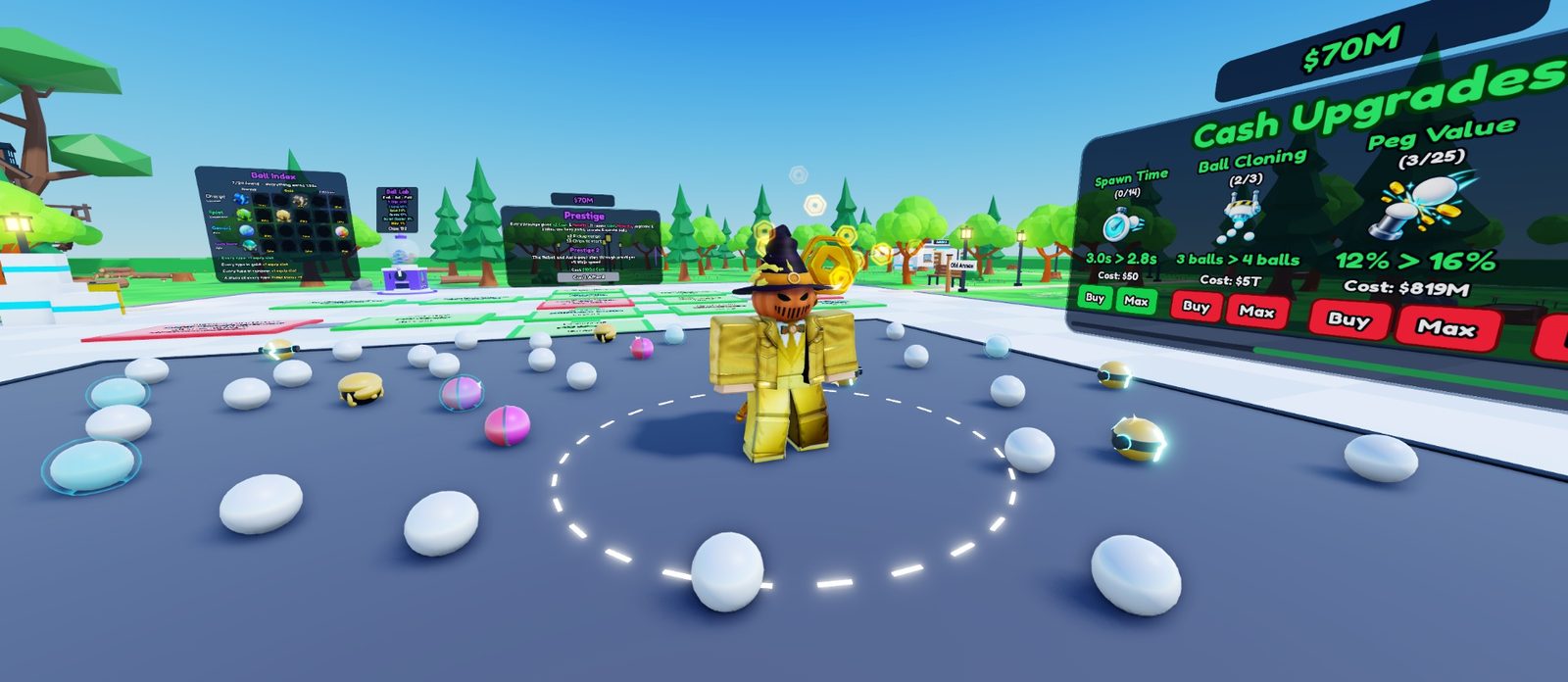 A Roblox avatar in a gold suit and pumpkin-head witch hat stands on the dark plot in a dashed pickup ring, surrounded by white ordinary balls and coloured special balls, with the Cash Upgrades board on the right.