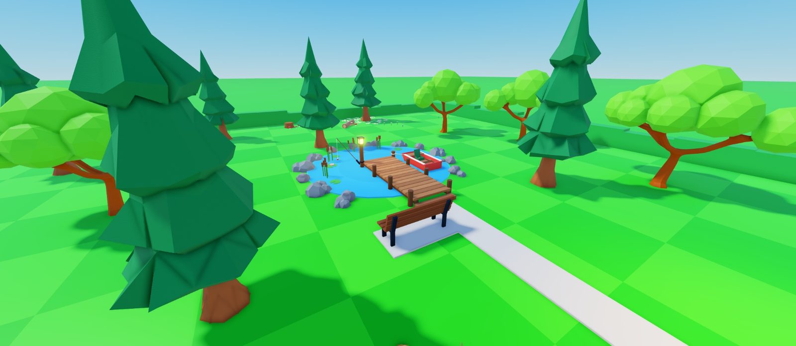 A small blue pond ringed with grey rocks and reeds, with a wooden dock, a lamp, a red rowboat, lily pads and a bench at the end of a stone path, between tall pine trees.