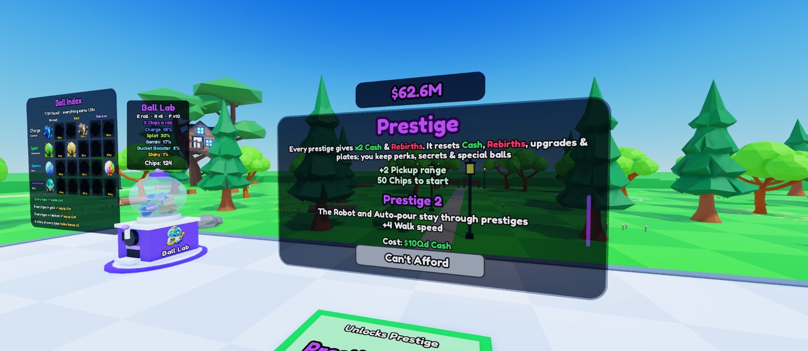 The purple Prestige board listing what each prestige gives: times two Cash and Rebirths, plus 2 pickup range and 50 Chips, then Prestige 2's perks and a cost of 10Qd cash, with the Ball Lab and Ball Index to its left.