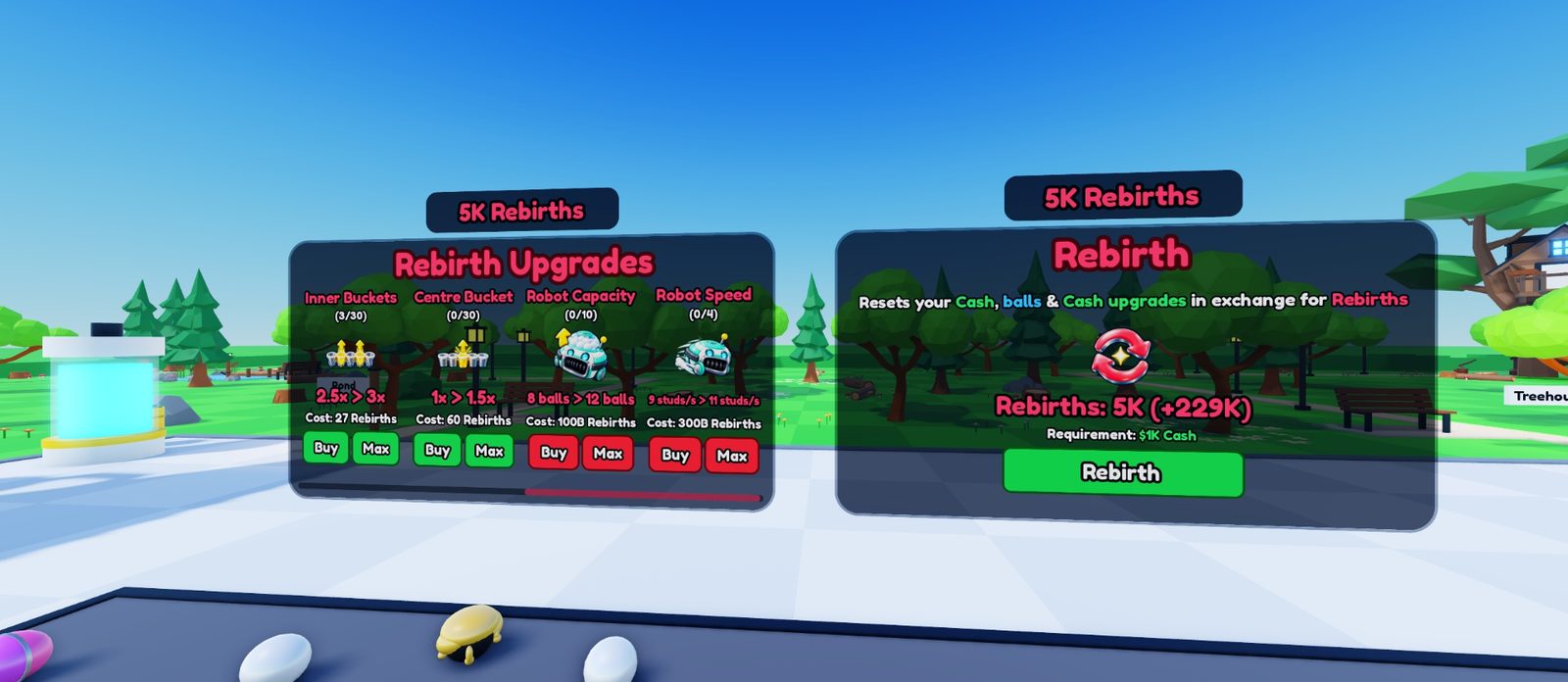 The Rebirth Upgrades board with Inner Buckets, Centre Bucket, Robot Capacity and Robot Speed cards beside the Rebirth board, which shows Rebirths 5K plus 229K and a green Rebirth button.