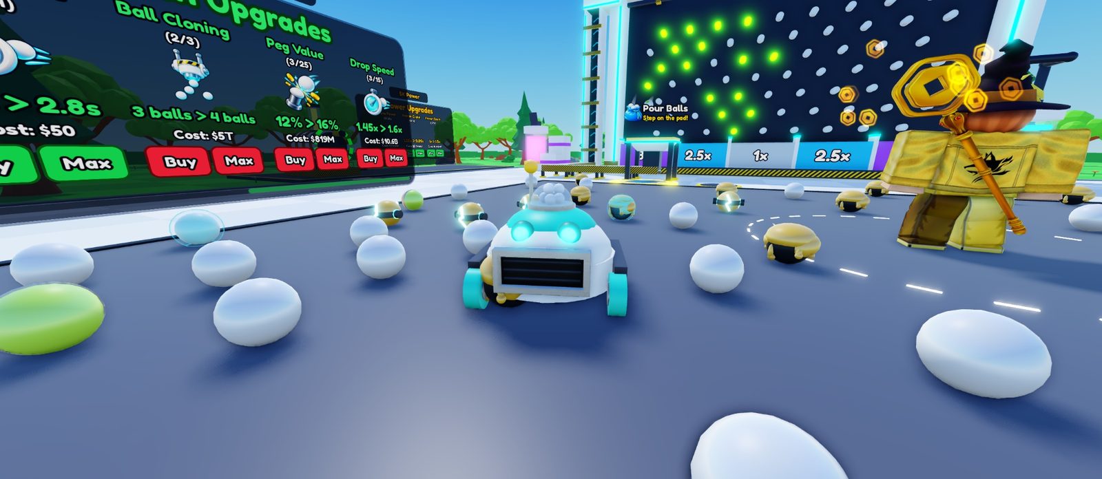 The white and teal vacuum robot with glowing eyes and a glass dome full of balls drives across the plot among the balls, with the machine behind it.