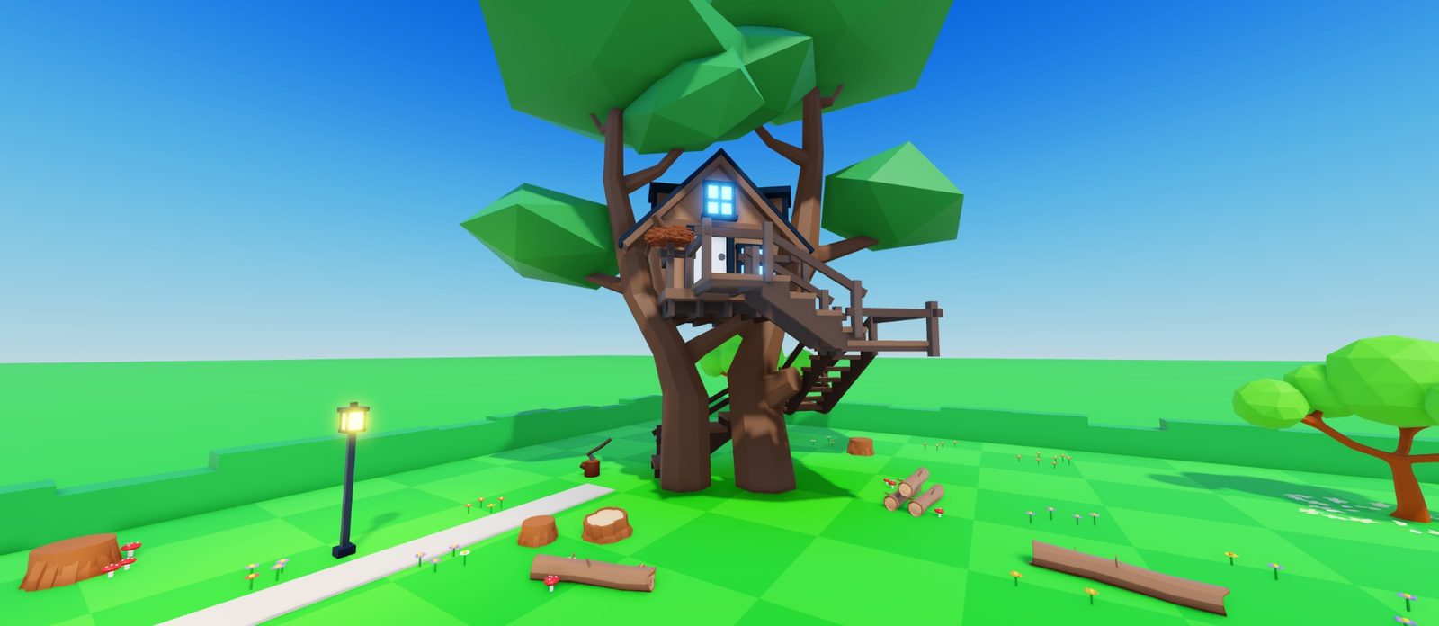 A wooden treehouse cabin with glowing blue windows high in a two-trunk tree, with stairs winding up to its deck, a lamp, logs, stumps and red toadstools on the grass below.